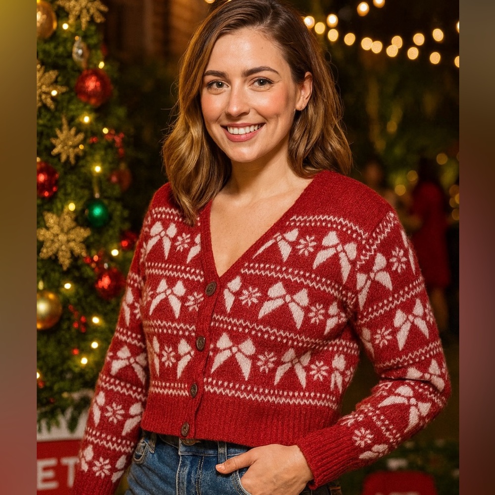 Sincerely Jules Red Festive Bow Cardigan Women’s Size XL Holiday Christmas Alpac